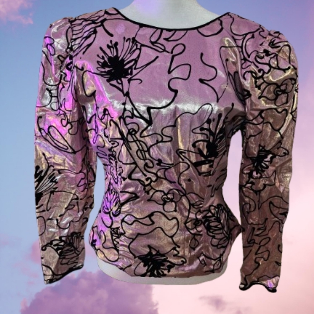 📣Vintage 90s Prophecy Pink Metallic 😍Velvet Design Evening Blouse Jacket🔟 🆕